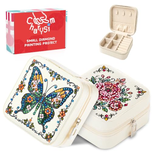 2 PC Diamond Art Jewelry Boxes Adult Craft Kits for Women Bedazzle Kit - color: Blue and Red