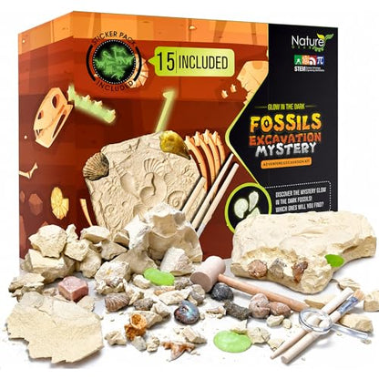 Nature Gear Dino Fossil Dig Kit for Kids, Educational Excavation Kit with 15 Glow in The Dark Mystery Fossils, Interactive Dinosaur Science Kits for Kids Age 3-5 and Up, Excavation Adventure Kit - style: Excavation Adventure Kit
