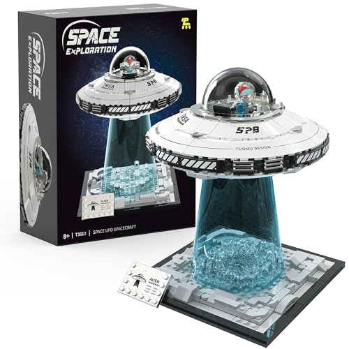 UFO Spaceship Building Block Set, Creative UFO&Alien Building Set, Space Exploration Spaceship Brick, Dual LED Lights and Transparent Base, Model for UFO Lover Collection,Gifts for Ages 8+ - style: T3012