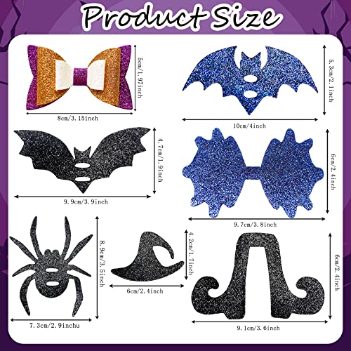 AOUXSEEM 24 Set Shimmer Glitter Faux Leather Bows DIY Making Kit, Make Spider Bat Cat Shape Halloween Themed Hair Clips for Girls Women Gifts