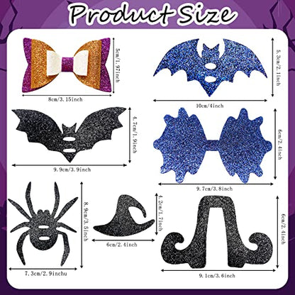 AOUXSEEM 24 Set Shimmer Glitter Faux Leather Bows DIY Making Kit, Make Spider Bat Cat Shape Halloween Themed Hair Clips for Girls Women Gifts