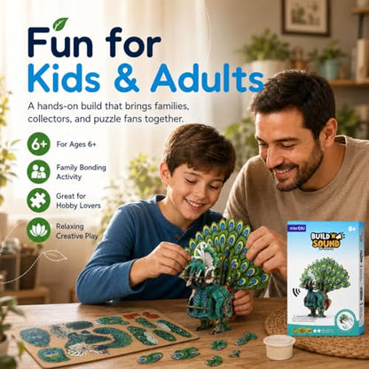 MierEdu Build 'N' Sound 3D Puzzle for Kids, Animal Puzzle with Sound Module, Educational STEM Craft Kit, FSC Paper Model Building Toy Gift for Ages 6+ - color: Peacock