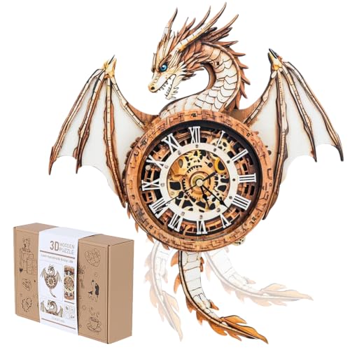 3D Puzzles for Adults, Dragon Wall Clock 3D Wooden Puzzles Clock Model Kits DIY, Unique Craft Gift for Men Dad Husband, Holiday Birthday Christmas Fantasy Home Decor - color: Dragon