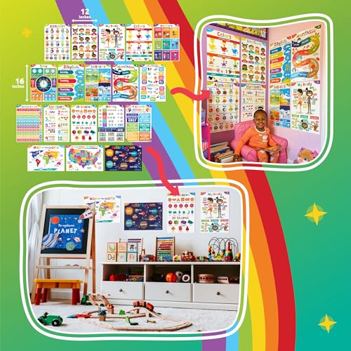 Sproutbrite 18 Pack 12"x16" Complete Educational Poster Bundle for Toddlers - color: Alphabet Posters