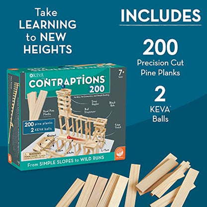 MindWare KEVA Contraptions, Wooden Blocks Building Set, Marble Run Kit, Includes 2 Balls - 200 Planks
