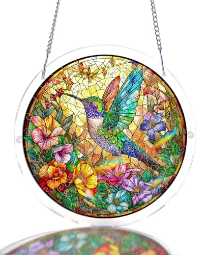 Acrylic Jigsaw Puzzle Suncatcher - Hummingbird Garden - color: Hummingbird Garden, size: L-8.9in*8.9in