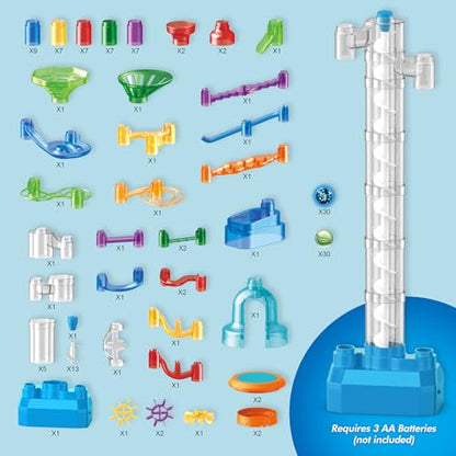 152pcs Glowing Marble Run Kit with Double Tracks Motorized Spiral Lift,2 Stunt Trampolines,30 Glow in The Dark Plastic Marbles & More. Building Project Toys, STEM Gifts for Boys&Girls.