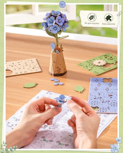 3D Flower Wooden Puzzle for Adults-Blue Hydrangea,DIY Wooden Flowers - style: TW-Blue Hydrangea