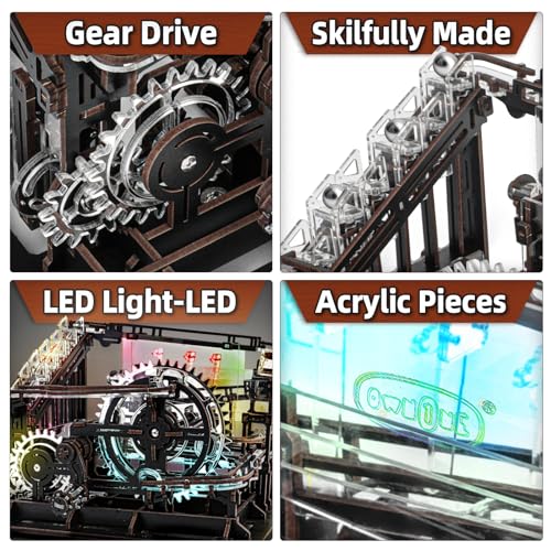 3D Wooden Puzzle Marble Run Mechanical Model Kit with LED Lights for Adults - style: Marble Run with LED Light