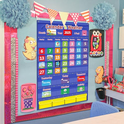 Blue Classroom Calendar Pocket Chart for Kids - Monthly Weather Seasons Learning Chart with 113 Cards | Teacher Must Haves for Kindergarten, Preschool, Homeschool | Interactive Educational Wall Chart - color: Blue