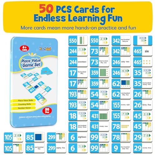Kasfalci Place Value Dominoes Set Flash Cards, Back to School Supplies, 50 PCS Math Learning Games for Kids, Montessori Counting Toys, Preschool Kindergarten Classroom Must Haves - color: Light Blue
