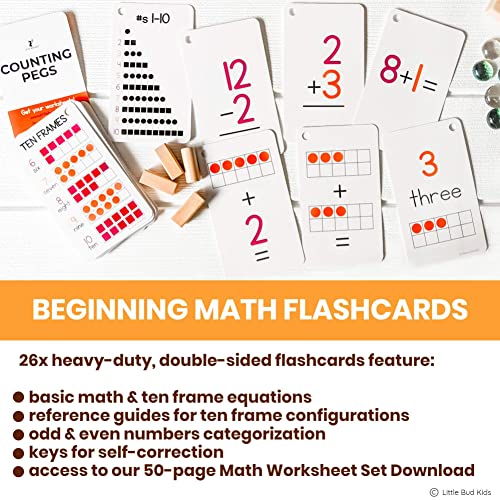 LITTLE BUD KIDS Counting Pegs - A Ten Frame Math Game with Addition and Subtraction Flash Cards, A Wooden Montessori Math Toy & Math Manipulatives Number Peg Boards for Kids 3 4 5 6 7