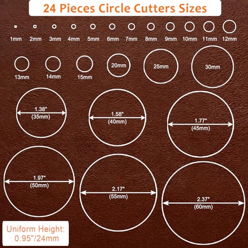 24 Pieces Leather Circle Cutter Tool Set, Hole Punch Tools with 1-15mm 20 25 30 35 40 45 50 55 60mm, High Carbon Steel Round Cutting Dies, Hole Punch Tool Kit for DIY Leather Crafts - size: 24 Sizes