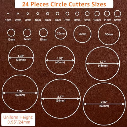 24 Pieces Leather Circle Cutter Tool Set, Hole Punch Tools with 1-15mm 20 25 30 35 40 45 50 55 60mm, High Carbon Steel Round Cutting Dies, Hole Punch Tool Kit for DIY Leather Crafts - size: 24 Sizes