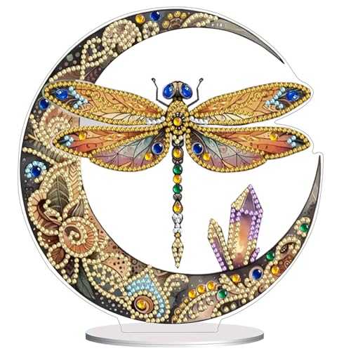 Diamond Painting Kits for Adults Beginners, 5D Full Drill Dragonfly Crystal Art Desktop Ornament, DIY Single Sided Home Office Desk Decor, Creative Craft Gift Set with Tools - color: Moon Dragonfly