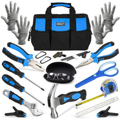 INCLY 24 PCS Kids Real Tool Set with Tool Bag, Small Real Hand Tools Kit - color: Blue