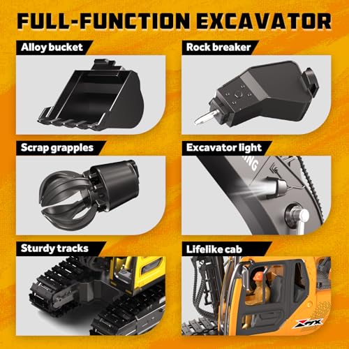 Remote Control Excavator and Dump Truck Toy Set for Kids, 2.4GHz RC Construction Vehicles with Light, Sound Effects, Metal Bucket, Claw and Drill Attachments, Engineering Truck Toys for Boys and Girls