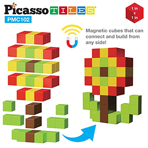 PicassoTiles 102pc Magnetic Puzzle Cube + Toys Carrying Case, 1" Pixel Mix & Match Cubes w/Free Idea Book Sensory Toys, Magnetic Tiles Construction Block Travel Bag, Waterproof Storage Organizer Box