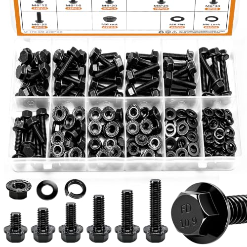 mankk 248PCS Metric Flange Hex Bolts and Nuts Kit M6x1.0 Bolt (12mm to 35mm) Grade 10.9 Black Alloy Steel Class Hex Bolts and Nuts Washers Kit for Automotive - size: 248PCS M6, style: Flange Bolt