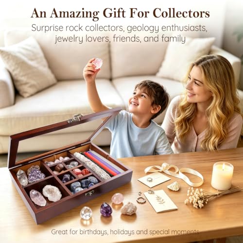 Adjustable Rock Collection Box, Wood Crystal Display Case for Gemstone - color: Brown
