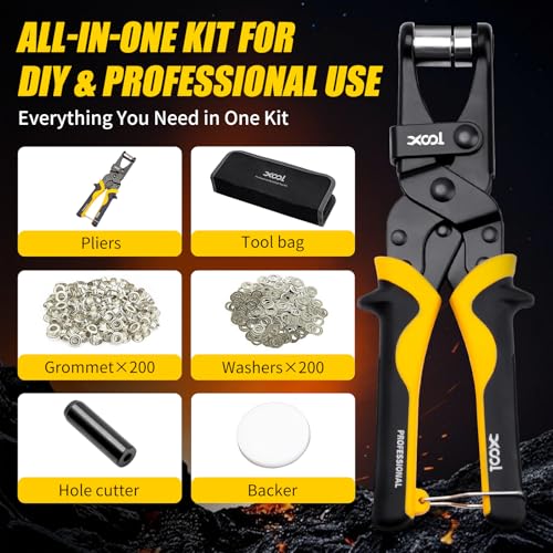 XOOL Grommet Tool Kit, 200 Sets 3/8" 10mm Grommets with Magnetic Positioning, Heavy Duty Grommet Pliers with Hole Cutter for Tarps, Canvas, Fabric, Banners, Leather and DIY Crafts - size: 3/8" Grommet Tool Kit