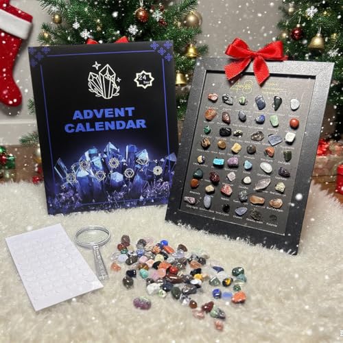 Men & Adults Crystal Advent Calendar With Wood Collection Frame 2025, 24 Days Gemstones & Minerals Countdown Advent Calendar Xmas Natural Rocks Gem Stones Theme