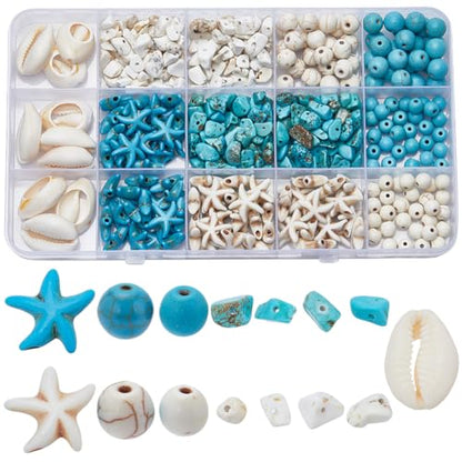 SUNNYCLUE 1 Box About 300Pcs Bohemian Style Starfish Beads Blue White Natural Shell Beads Summer Ocean Animal Starfish Seashell Charms 6mm 8mm Chip Spacers for Jewelry Making Kits - color: Boho Styles Beads Kit-3
