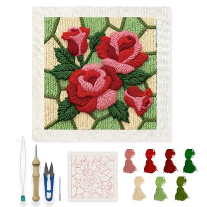 INFUNLY Roses Punch Needle Kit Square 9.4 Inches DIY Embroidery Punch Needle Set for Adults Red Pink Flowers Punches Stitching Starter Kits with Easy to Follow Instructions Festival Gift Home Decor - style: Roses