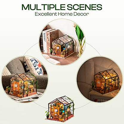 ROBOTIME DIY Miniature House Kit Mini Green House Tiny Dollhouse Wooden Furniture Kit with LED Halloween/Christmas/Birthday Gifts for Adults (Cathy's Greenhouse) - color: Cathy's Flower House