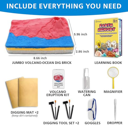 PIBEX Volcano & Ocean Dig Kit, 20+ Real Fossils, Rocks, Shells & Geode