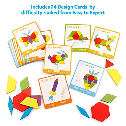 Coogam Wooden Pattern Blocks Set 130PCS Geometric Color Shape Manipulative Puzzle – Graphical Montessori Tangram Early Learning Educational Toys Brain Teasers STEM Gift for Kids with 24 Design Cards