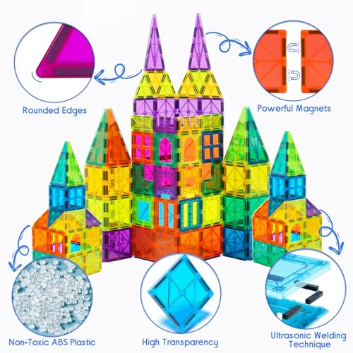 Bmag 130PCS Magnetic Tiles Building Blocks with 2 Cars | 3D Clear Magnet Blocks | STEM Preschool Toys for 3-9+ Kids | Christmas & Toddler Gift | Compatible with Major Brands - size: 130 PCS