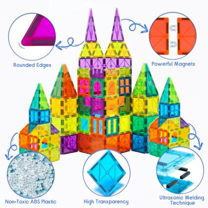 Bmag 130PCS Magnetic Tiles Building Blocks with 2 Cars | 3D Clear Magnet Blocks | STEM Preschool Toys for 3-9+ Kids | Christmas & Toddler Gift | Compatible with Major Brands - size: 130 PCS