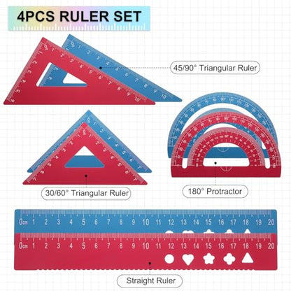 HARFINGTON 8pcs Triangular Ruler Set 20mm Aluminum Geometric Protractor Triangle Engineering Scale Drafting Ruler Kit for Office Home, Blue Red - size: 20mm