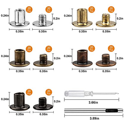Siziviki 100 Sets Chicago Screws for Leather Crafting, 5 Colors 7/20 Inch - color: 5 Colors