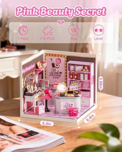 Rolife Super Creator Pink Beauty Secret DIY Miniature House Kit - No Glue Plastic Click-Assembly Dollhouse with Type-C LED Light - Stackable Room Box Toy for Adults and Teens (115 PCS)