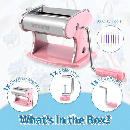 WECLAYER Polymer Clay Press Machine,Clay Roller Machine with 8pcs Modeling Clay Tools,Stainless Steel Polymer Clay Tools for Clay Earring Making,7 Adjustable Thickness Setting Clay Pasta Machine