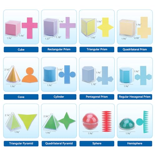 Geometric Solids 3D Shapes & 2D Folding Nets (1.96") 12+12 -Clear Math Manipulatives for Classroom & Homeschool -Thickened Durable Shapes with Smooth Edges,Teacher Supplies for Geometry, Volume & Nets