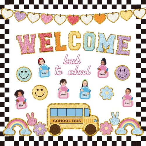 Welcome Back to School Bulletin Board Boho Groovy Preppy Patch Classroom Bulletin Board Decorations Schoolbag Paper Cutouts for Office Chalkboard Decor First Day of School Wall Door Supplies - style: Back to School