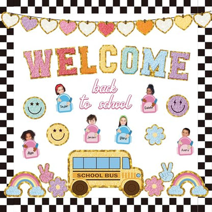 Welcome Back to School Bulletin Board Boho Groovy Preppy Patch Classroom Bulletin Board Decorations Schoolbag Paper Cutouts for Office Chalkboard Decor First Day of School Wall Door Supplies - style: Back to School