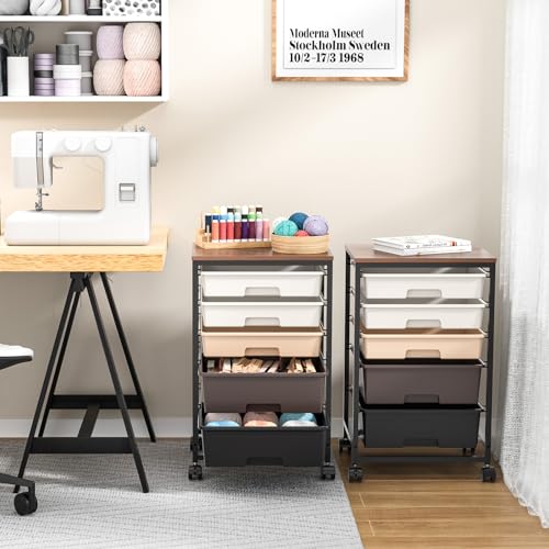 SYKIARIOL Rolling Cart with Drawers, 5 Drawers Utility Cart, Dark Brown - color: Dark Brown