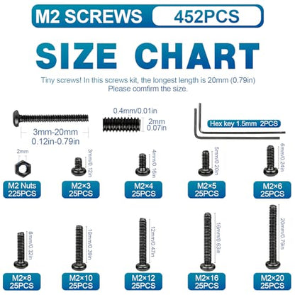 NINDEJIN M2 Button Head Socket Cap Bolts Screws, Metric M2 x 3/4/5/6/8/10/12/16/20mm Screws Bolts Nuts Assortment Kit, 452Pcs Allen Hex Drive, Black Oxide, 10.9 Carbon Steel, Fully Threaded - size: 452Pcs M2 3mm-20mm