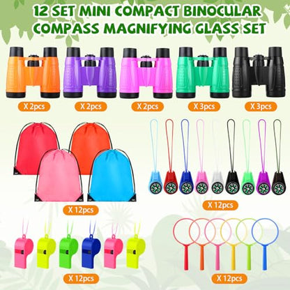 Foilswirl 12 Set Binocular Compass Magnifying Glass Set Christmas Birthday Gift Small Telescope Binocular with Whistle Bag for Outdoor Exploring Stocking Stuffer(Stylish Color,Classic)