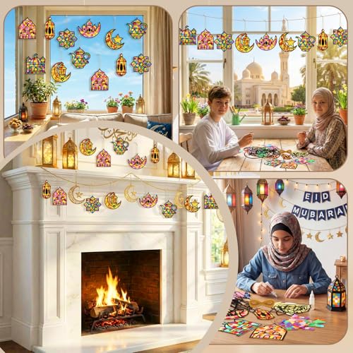 DoubleFill 48 Pcs 36 Sets Suncatchers Crafts Kit DIY Tissue Paper Suncatchers Craft Kit DIY Ornaments for Window Art (Ramadan) - style: Ramadan