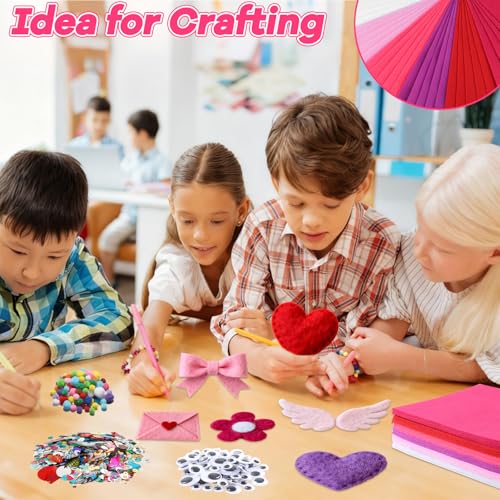 gisgfim 42Pcs Valentine's Day Pink-Purple Felt Fabric Sheet Craft Kit 8 x 12 Inch Assorted Soft Pink Felt Pack with Wiggle Eye Stickers Pom Poms Glitter Craft Supply for DIY Sewing Creative Art Deco - style: Valentine's Day Series
