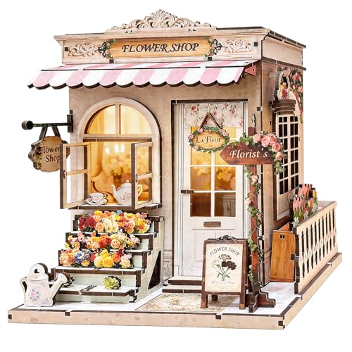 Book Nook Kit DIY Miniature House – 3D Wooden Puzzle Bookshelf Insert with LED Lights, Tiny Dollhouse Building Model Craft Kit, Unique Book Nook Decor Gift for Adults, Teens, Book Lovers - style: Flower Shop