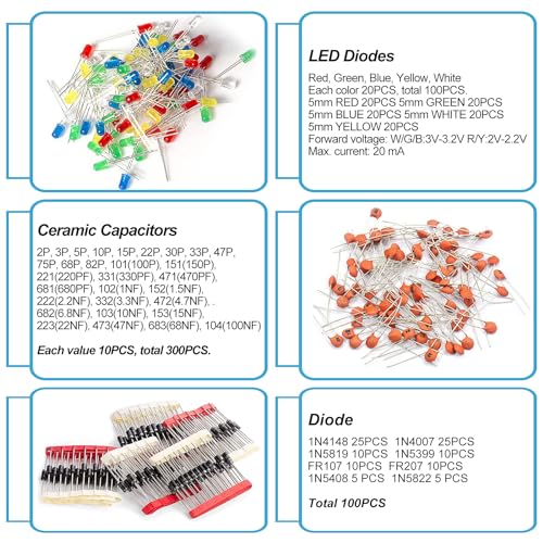 1400Pcs Basic Electronics Component Assortment Kit, Electrolytic Capacitor, Ceramic Capacitor, LED Diode, Common Diode, Resistor, Transistor Component for Arduino, Electronic DIY Project