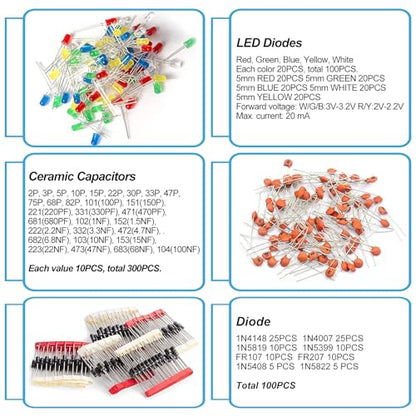 1400Pcs Basic Electronics Component Assortment Kit, Electrolytic Capacitor, Ceramic Capacitor, LED Diode, Common Diode, Resistor, Transistor Component for Arduino, Electronic DIY Project