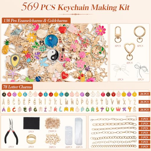569Pcs Charms Lip Gloss Keychain Making Kit, Bracelet Making Kit, DIY Bag Charm Kit with Key Chain Hooks, Jump Rings, Lobster Clasps, Charms, Chains & Tools, Jewelry Pliers, Jewelry Craft Kit Supplies