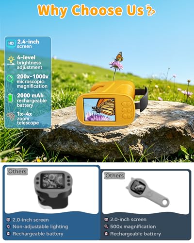 1000X Kids Handheld Microscope, 4K Digital Mini Pocket Digital Microscope with 2.4" IPS Screen, Built-in Camera & 12 Prepared Slides, STEM Educational Toy, Birthday Gift for Boys & Girls Ages 3–12 - color: Yellow